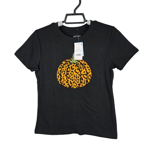 Womens Mighty Fine Black Leopard Print Pumpkin T Shirt Short Sleeve Halloween S - Picture 1 of 5